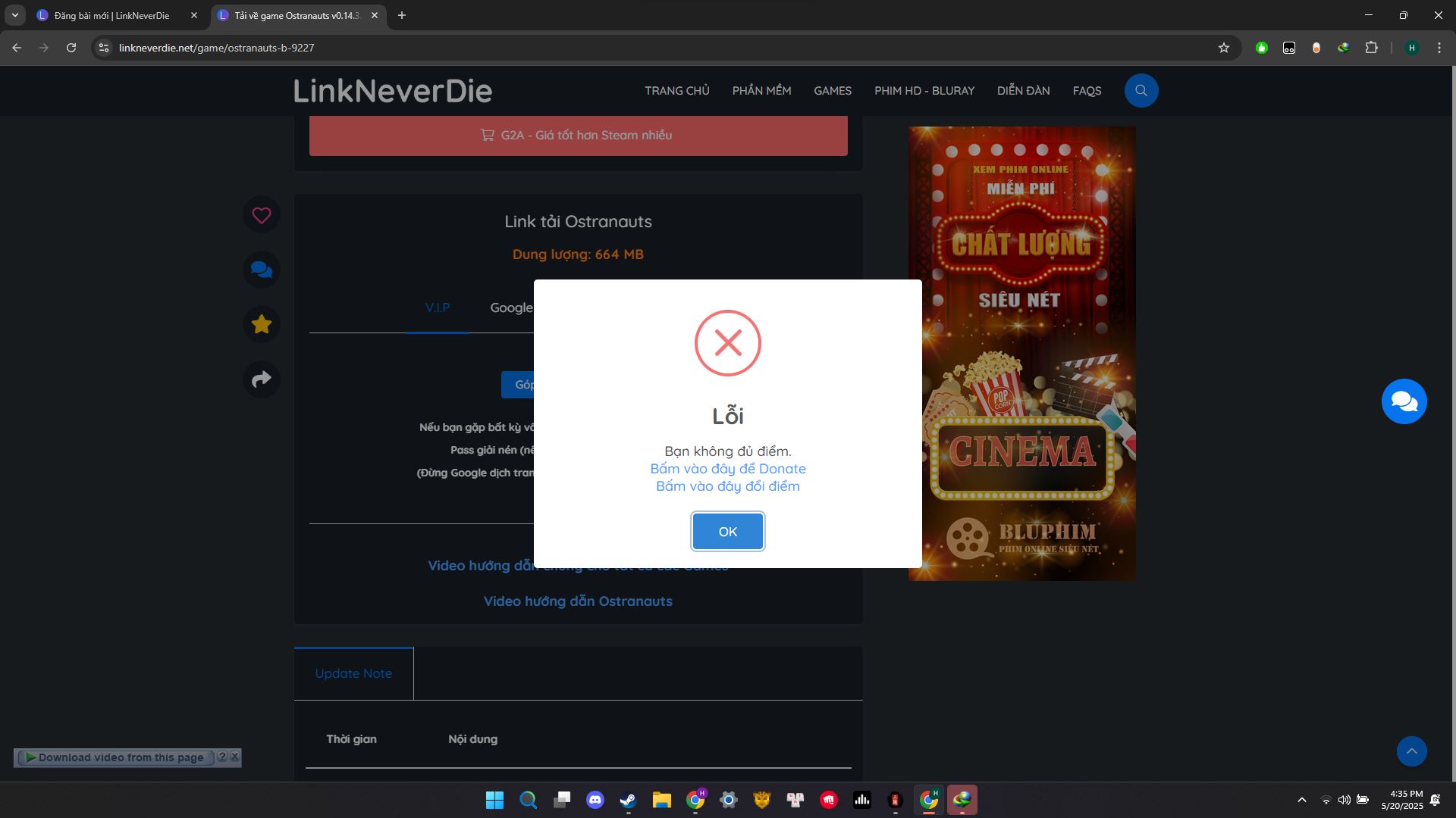 tiền LND còn nhưng không mở được link vip