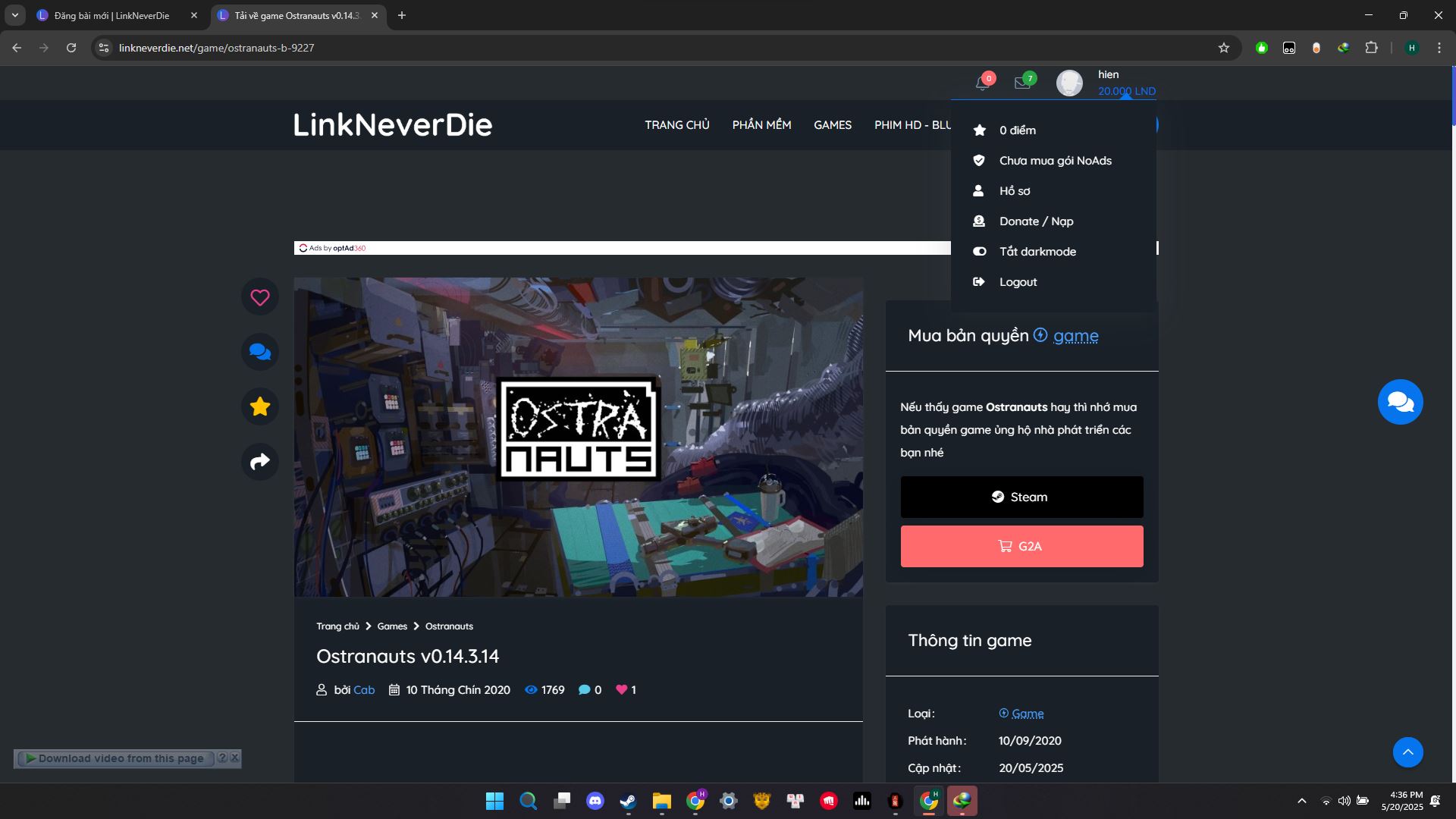 tiền LND còn nhưng không mở được link vip