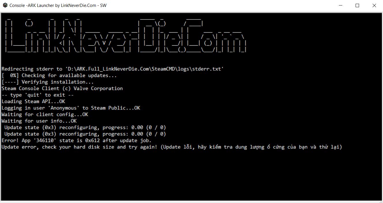 Lỗi update ARK App '346110' state is 0x612 after update job Lỗi update ARK App '346110' state is 0x612 after update job