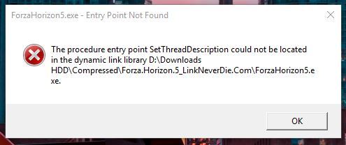 Mới giải nén xong bấm vào game thì bị lỗi The procedure entry point SetThreadDescription could not be located (như hình dưới)