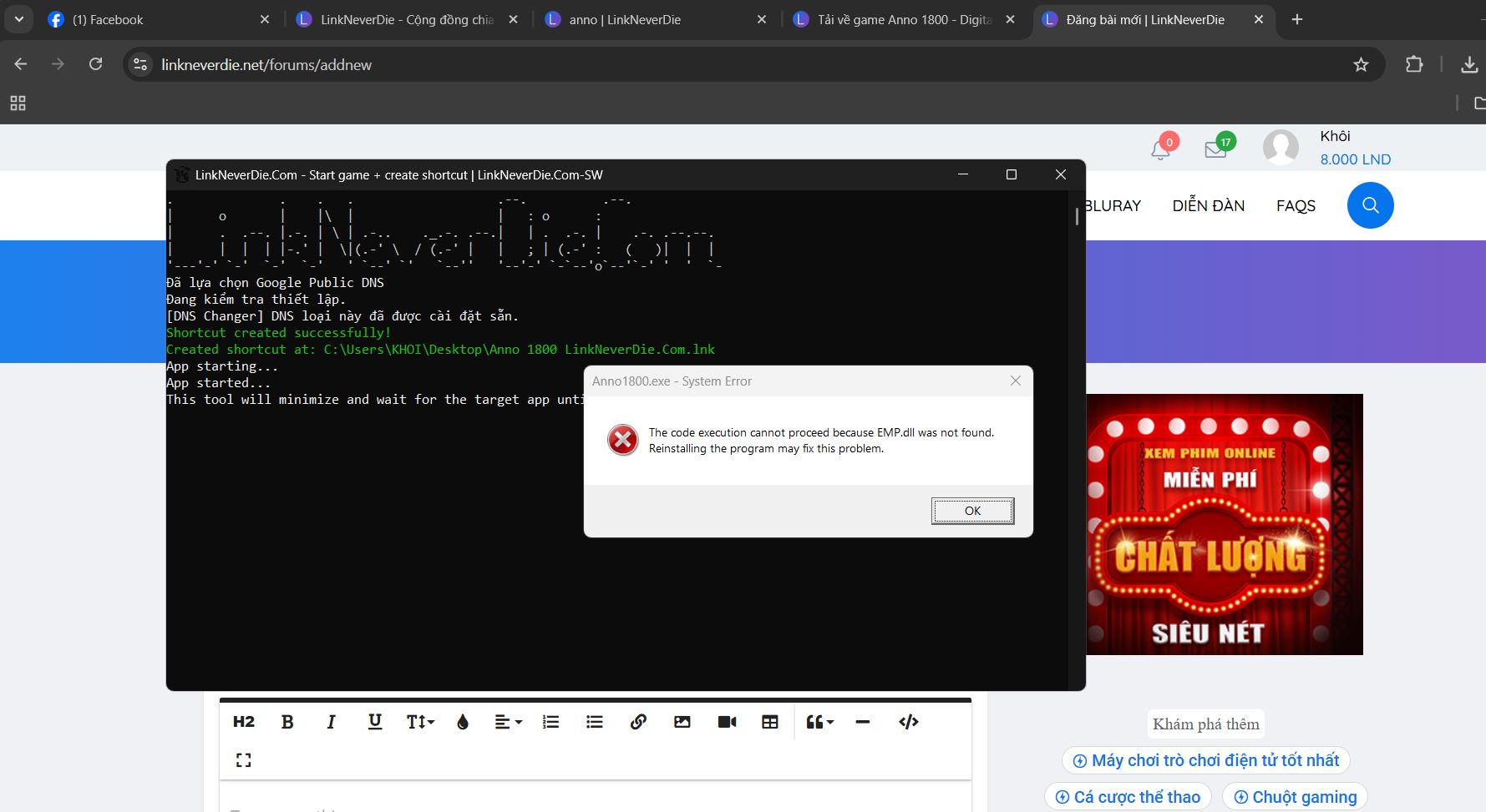 Anno 1800 extract xong báo lỗi EMP.dll not found, anh em cho tip khắc phục với