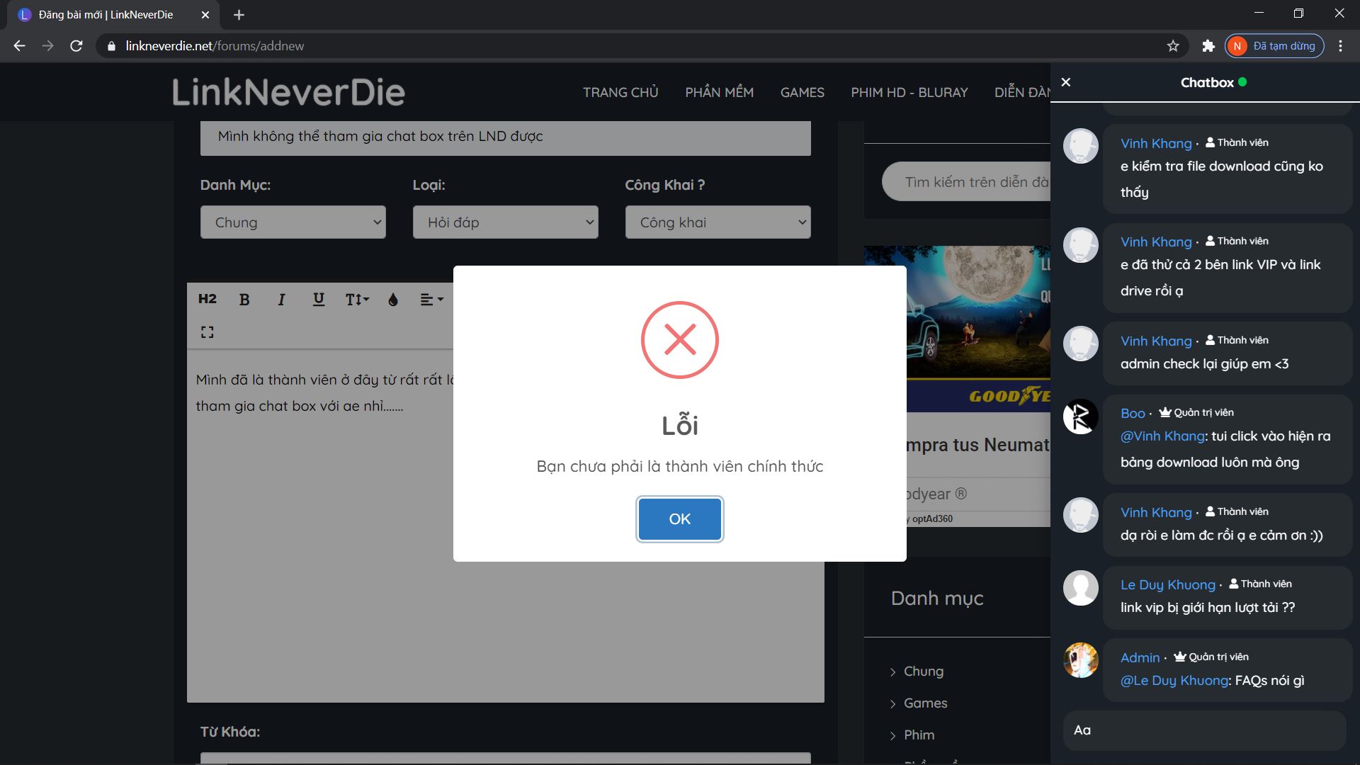 Mình không thể tham gia chat box trên LND được Mình không thể tham gia chat box trên LND được