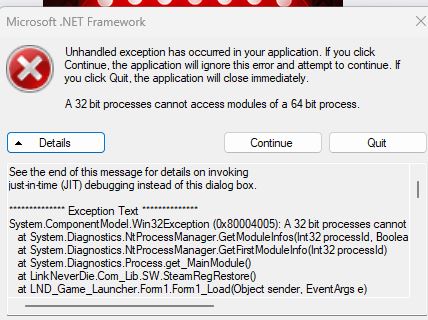 A 32 bit processes cannot access modules of a 64 bit process - Stardew Valley