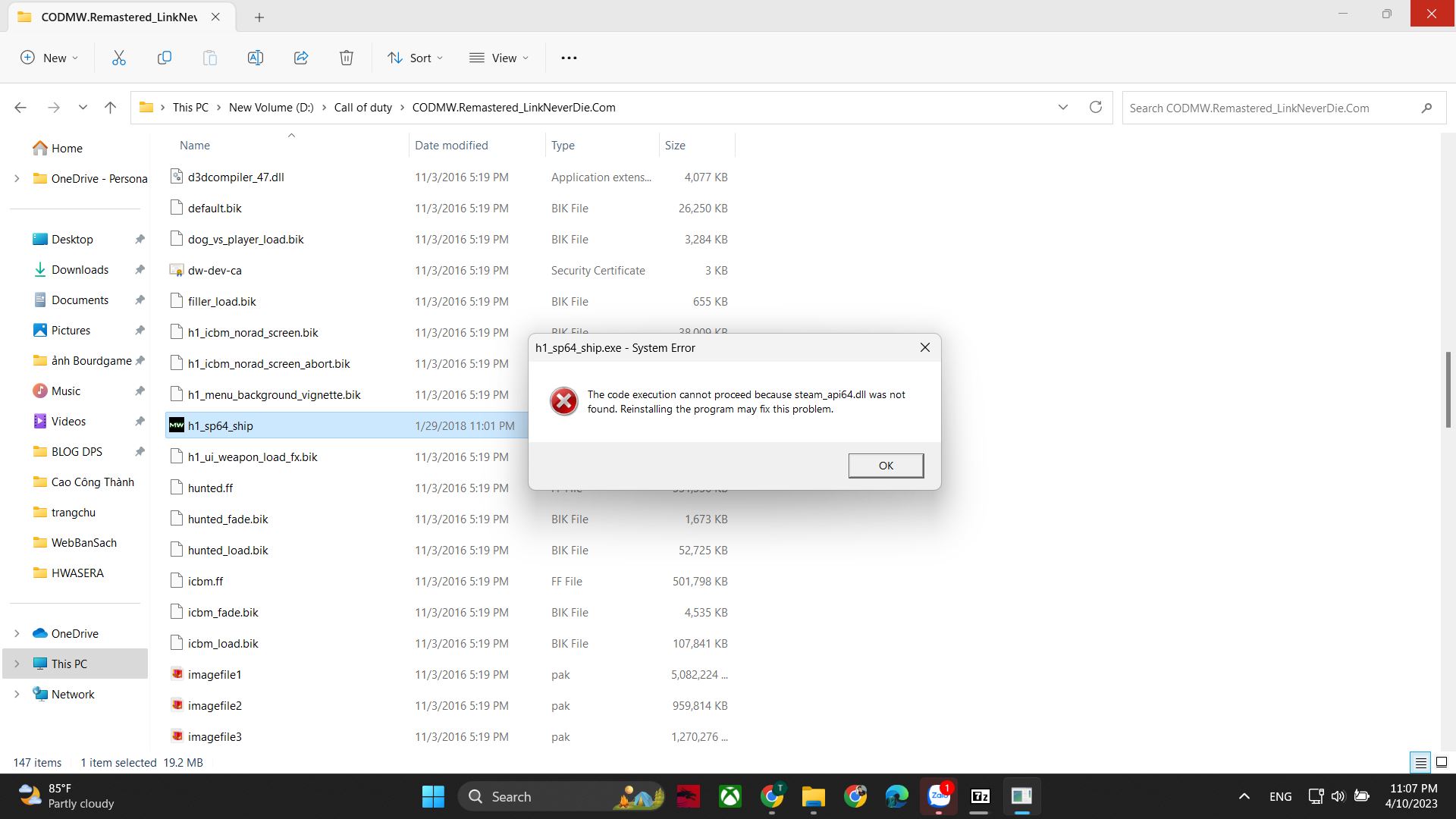 lỗi h1_sp64_ship của game Call Of Duty Advanced Warfare