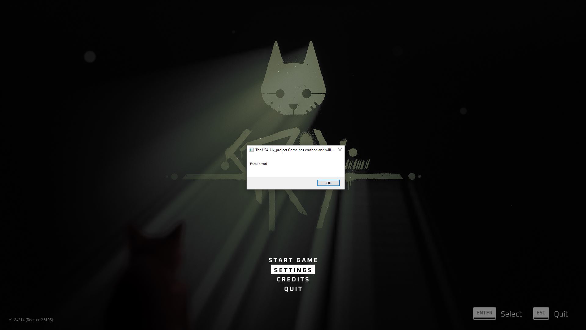 Bị crash khi vào setting trong game Stray