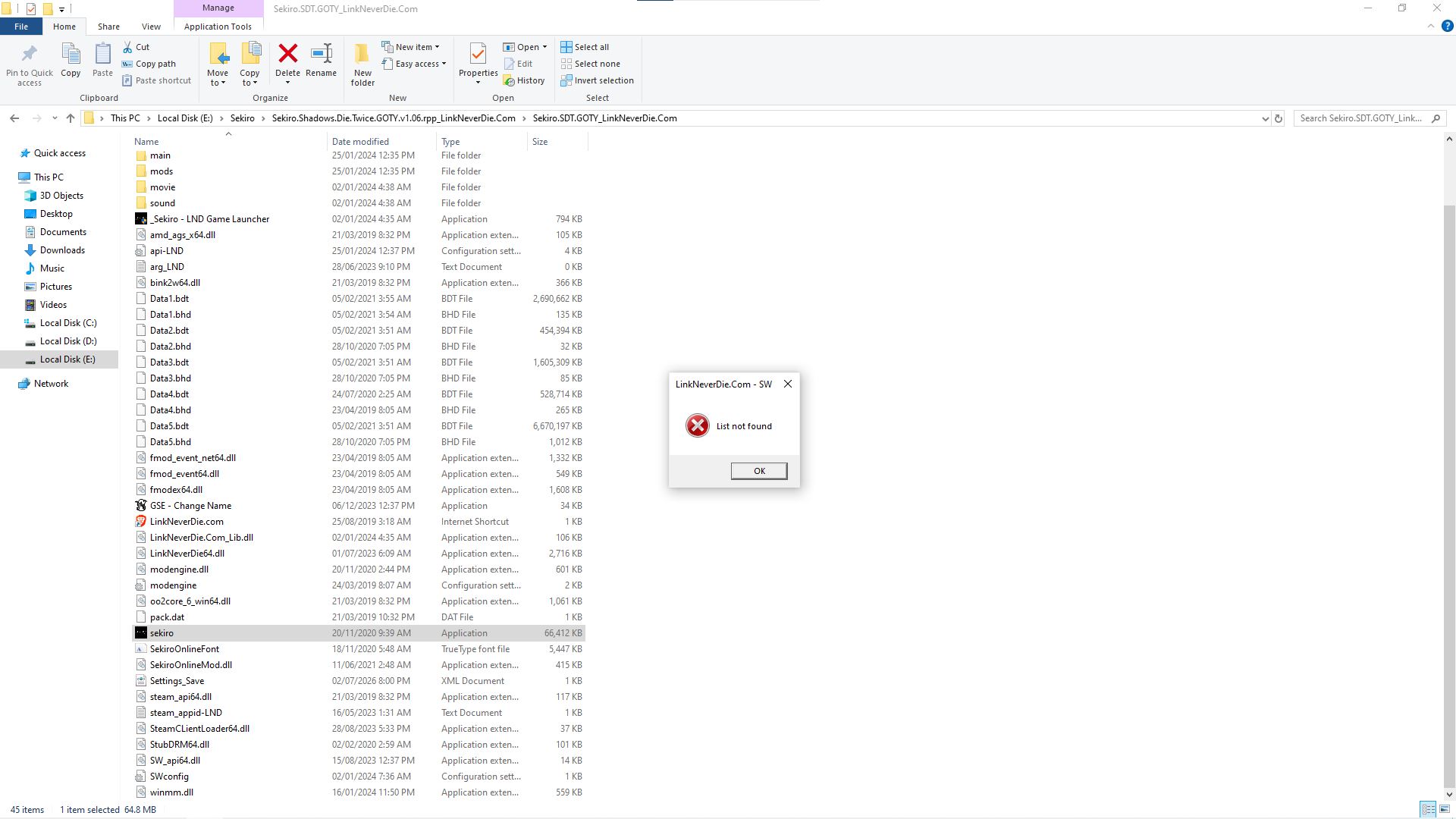 Sekiro lỗi List not found