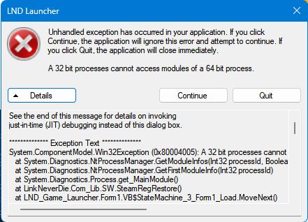 Lỗi Unhandled Exception 32 bit processes cannot access modules ò a 64 bit process