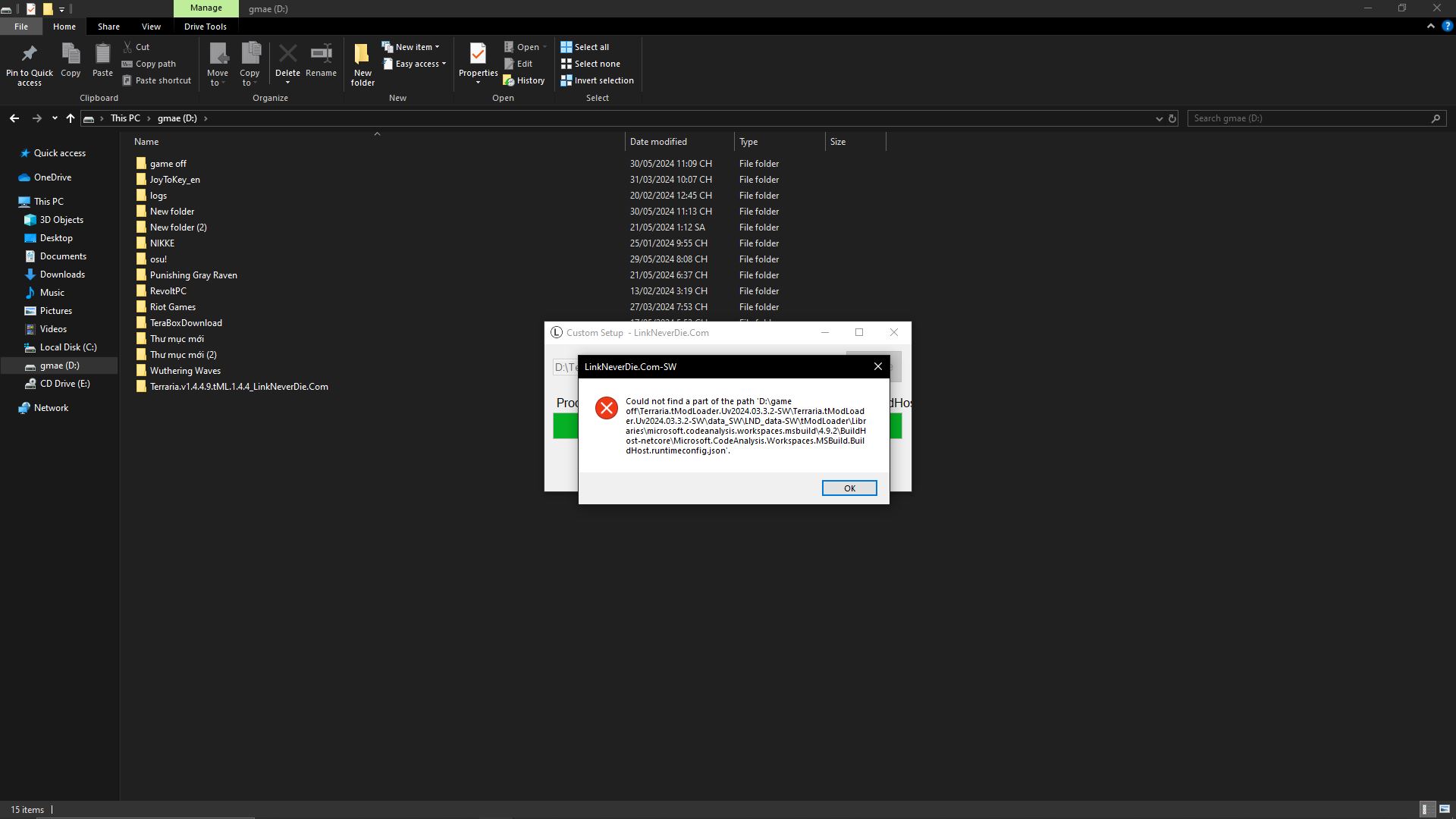 gặp lỗi khi update tmodloader 2024.3.3.4