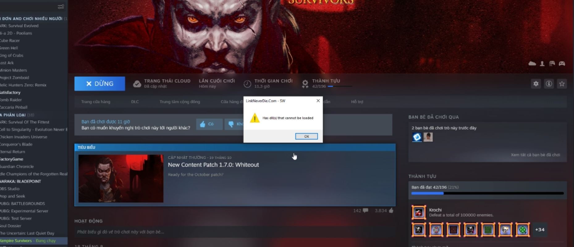 DLC game Vampire Survivors bị lỗi DLC game Vampire Survivors bị lỗi