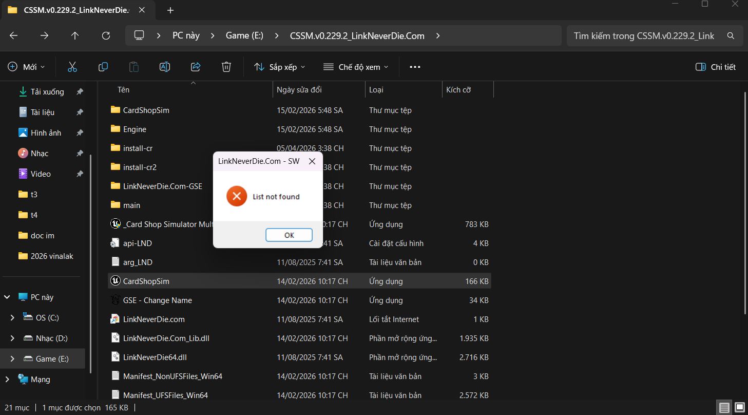 Lỗi Khi Vào Game card shop simulator