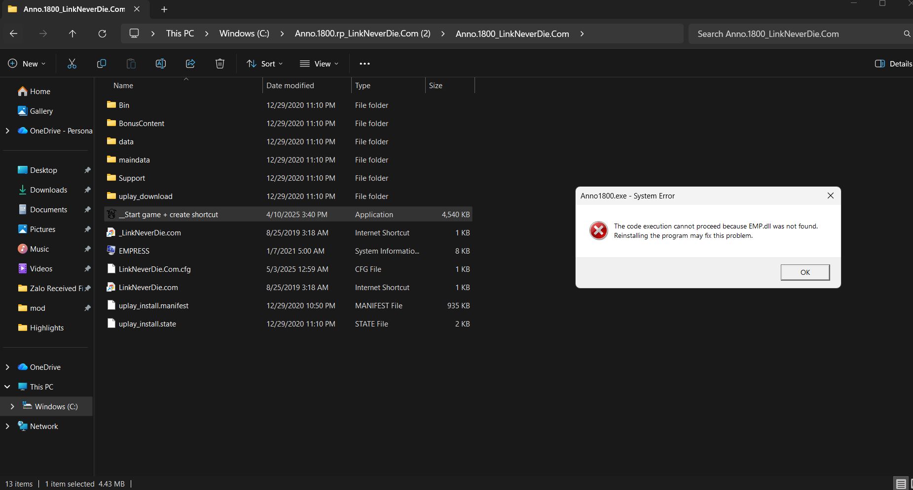Anno 1800 extract xong báo lỗi EMP.dll not found, anh em cho tip với