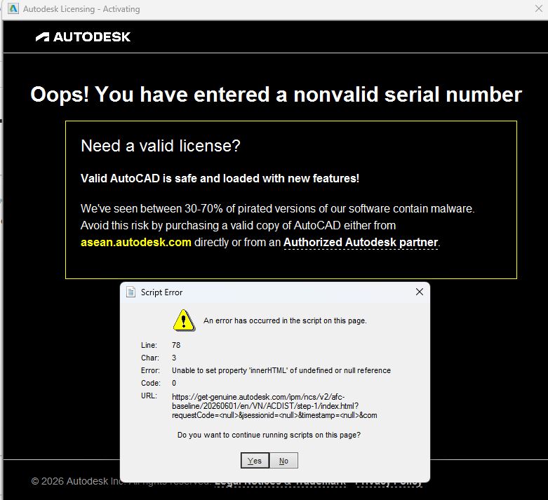 Lỗi "You have entered a nonvalid serial number" Lỗi "You have entered a nonvalid serial number"