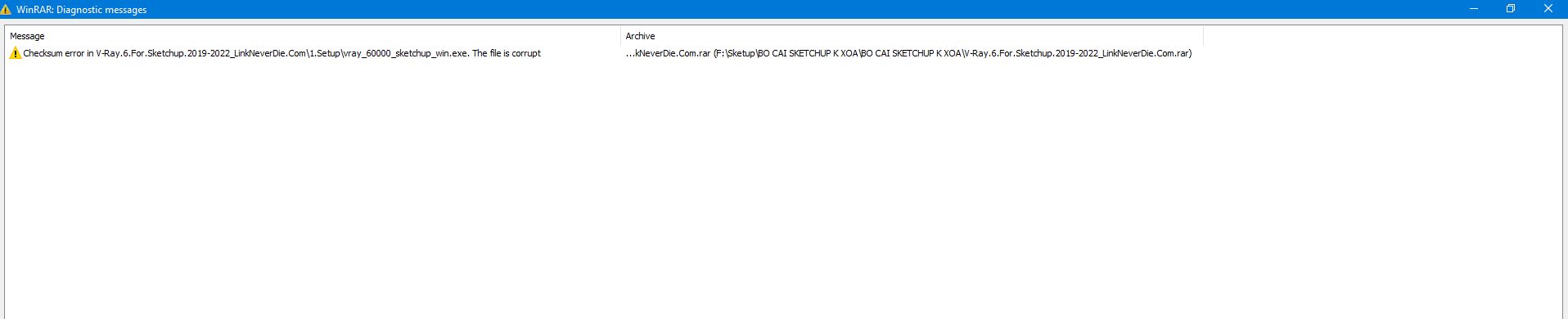Lỗi checksum khi giải nén vray