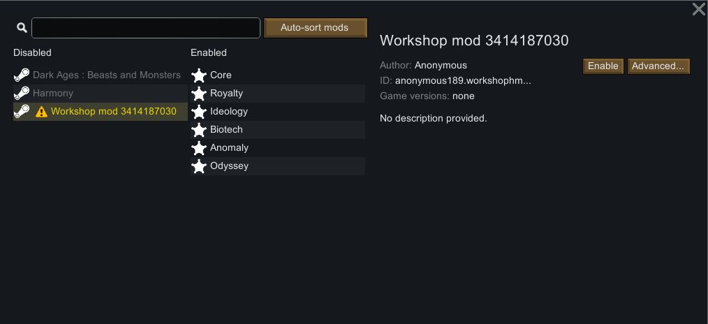 RimWorld mod manager lỗi không thể tải và cài 1 số mod (v1.6)
