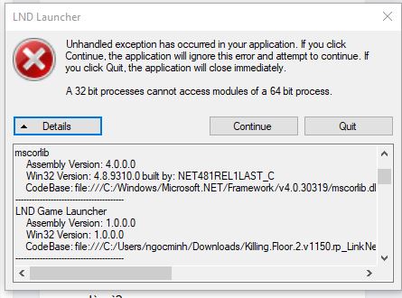 lỗi LND launcher unhandled exception